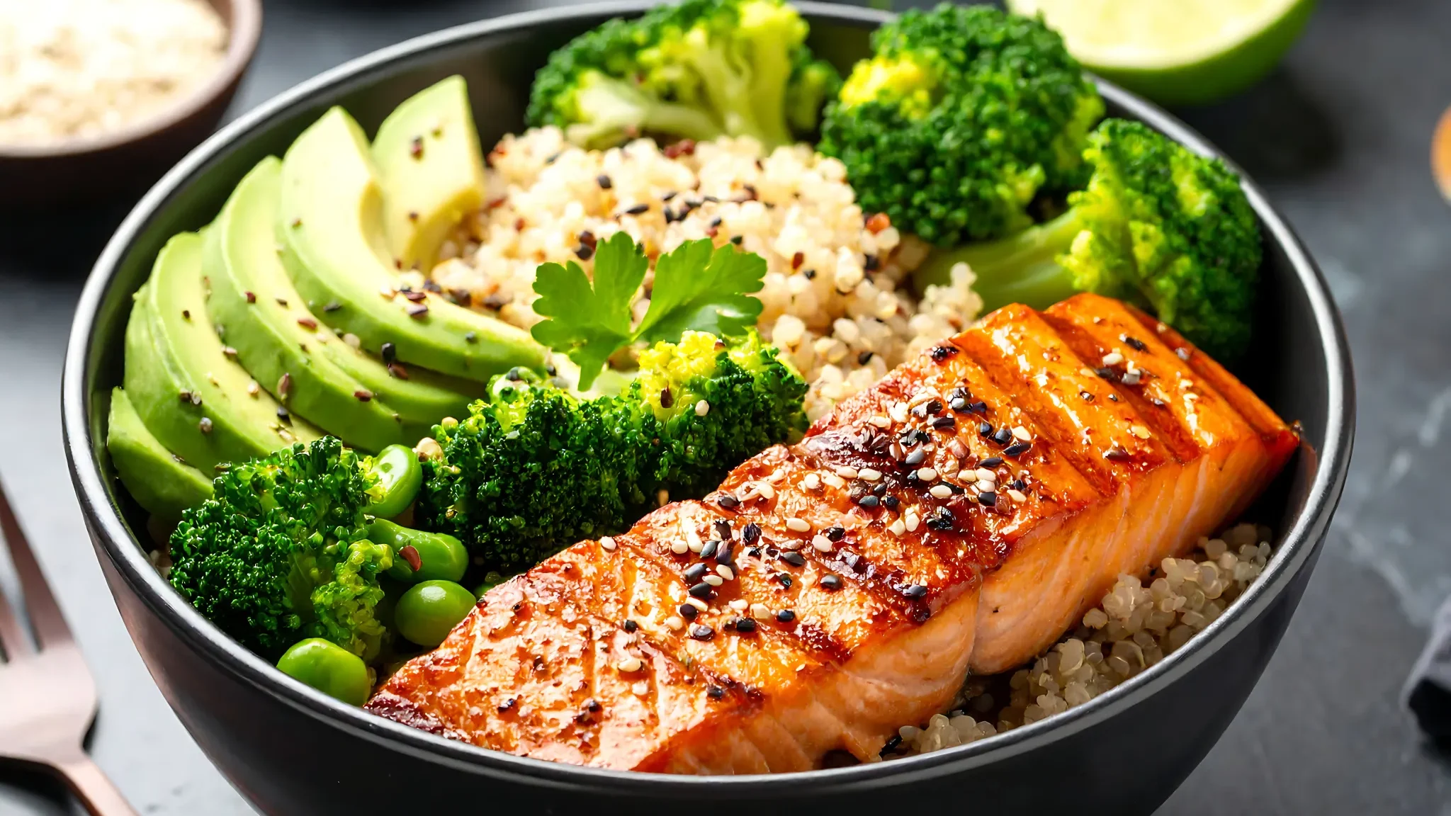 a bowl of anti-inflammatory salmon and quinoa, recipes for health and wellness